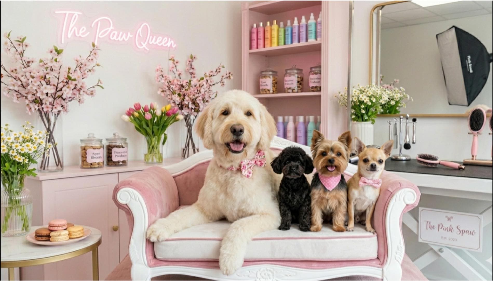 Four dogs sitting on a pink Victorian sofa at The Paw Queen pet grooming salon in Boulder City, NV